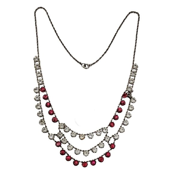 Art Deco Pink Clear Glass Open Back Rhinestone Silver Tone Festoon Necklace J103